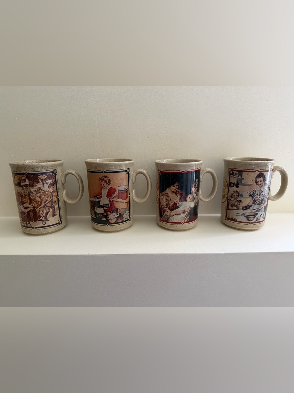 Beige Ceramic Watkins Mug Set with Retro Illustration Panels - Set of 4